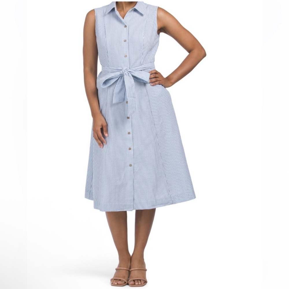 🎉LAST PIECE🎉ANNE KLEIN Seersucker‎ Diane Midi Shirt Dress - Picture 2 of 6